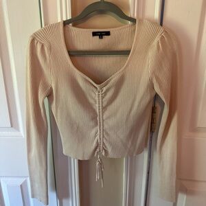 Love Tree Beige Ribbed Drawstring Blouse